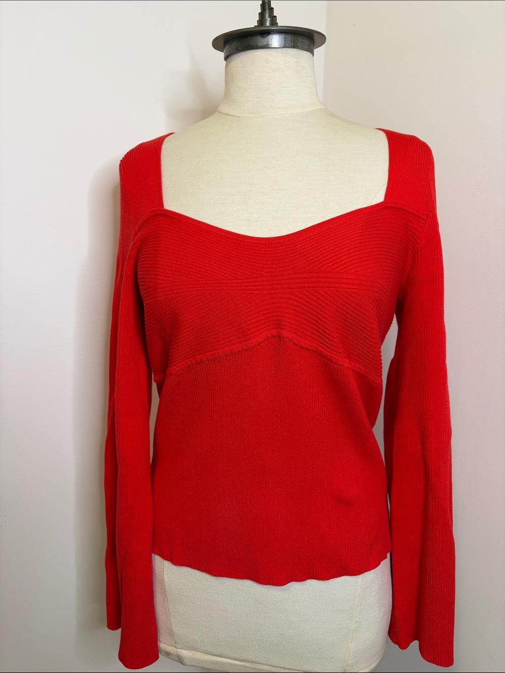 REITMANS Red Ribbed Sweetheart Neck Long Sleeve Top Fitted SIZE XL